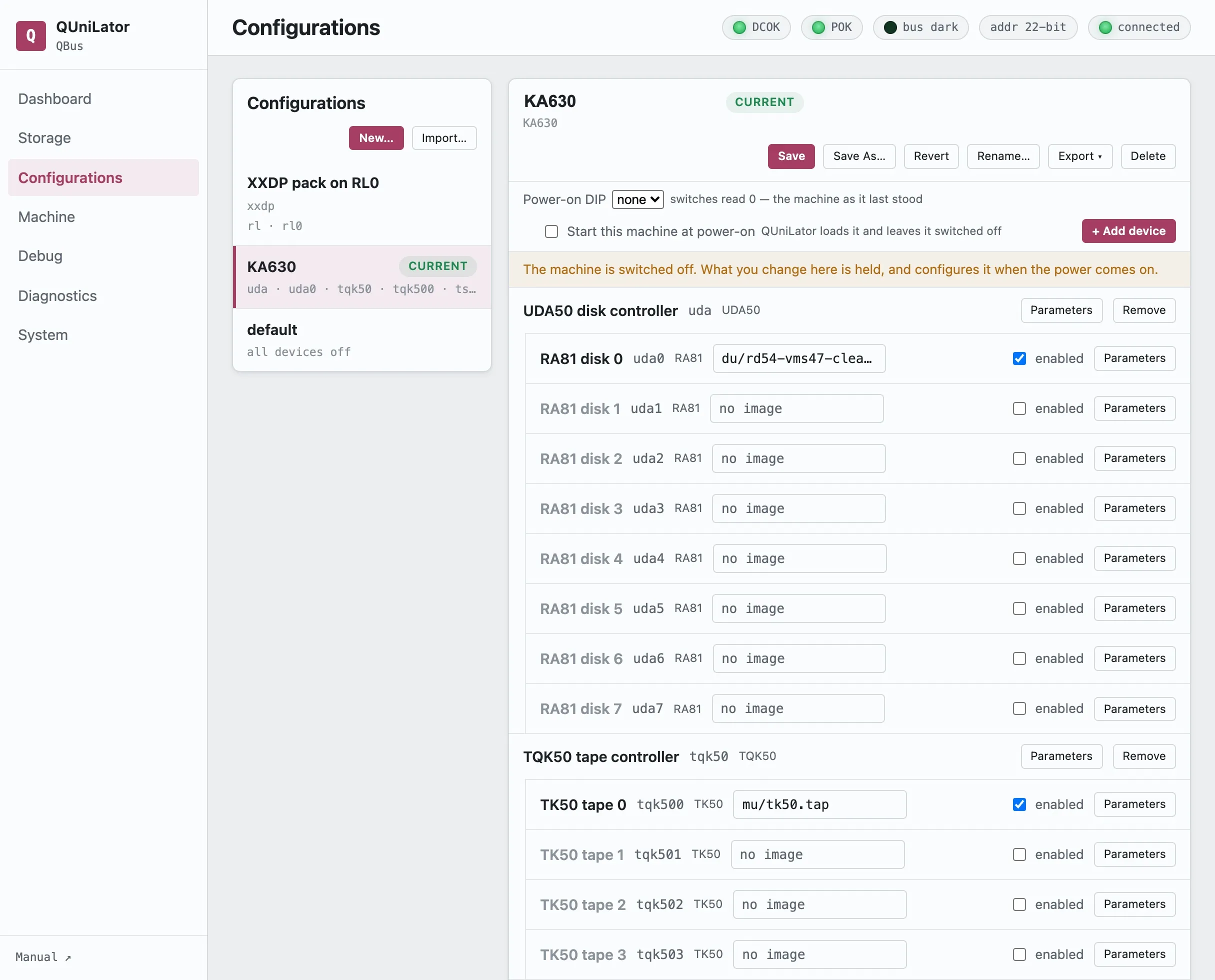 The configuration screen