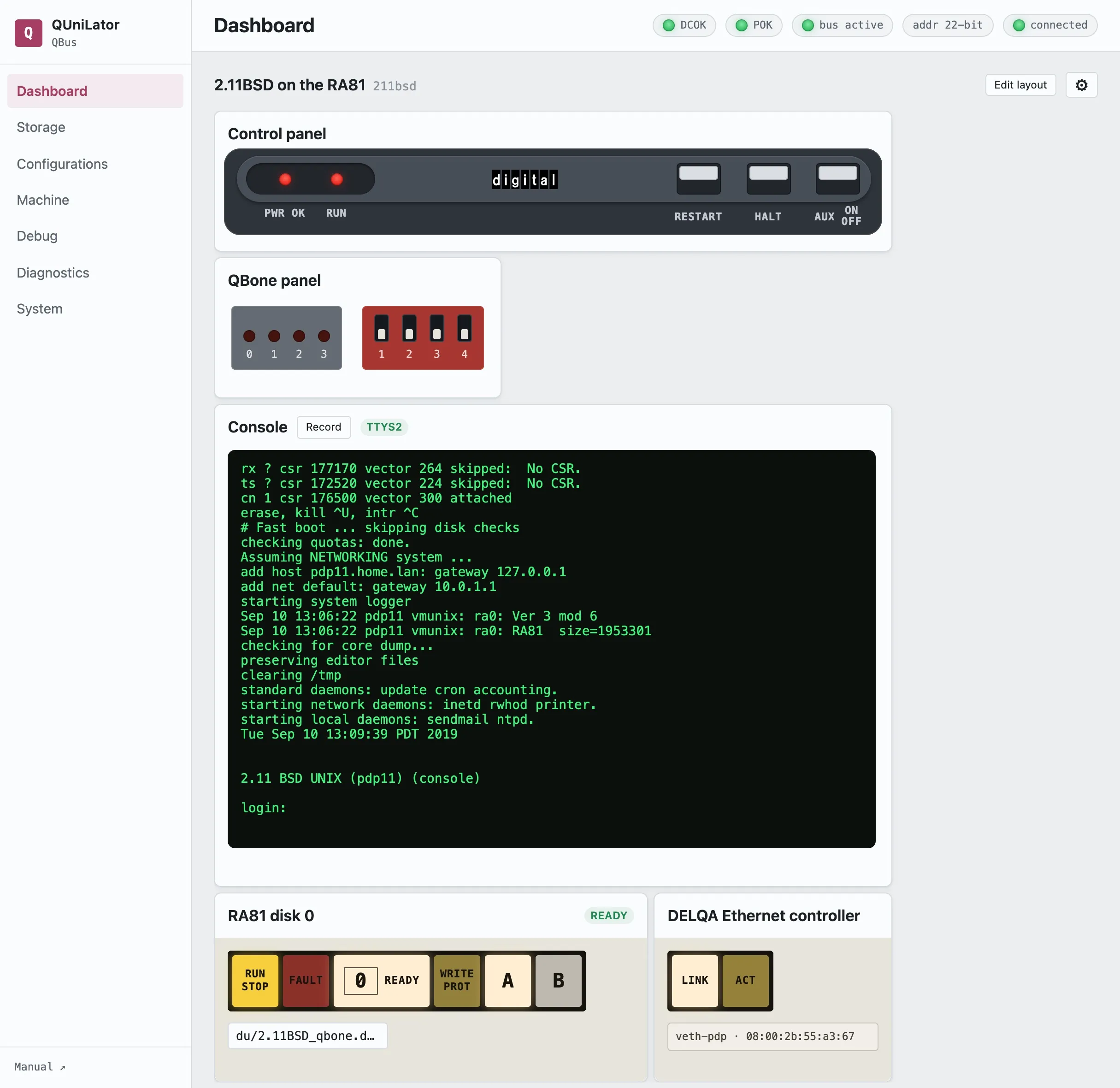 2.11BSD multi-user, with the RA81 and DELQA widgets