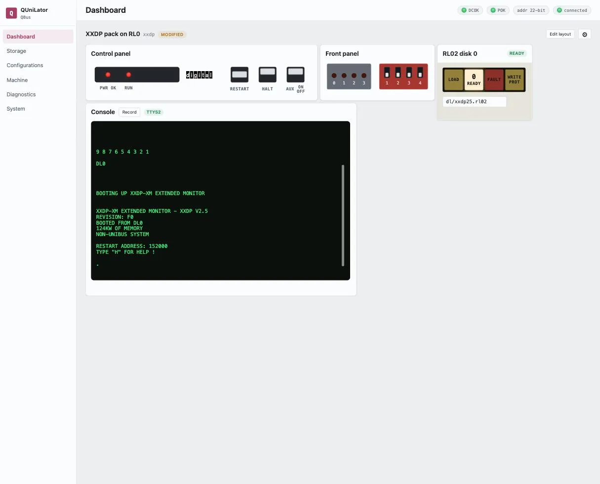 The dashboard, with XXDP booted from an emulated RL02