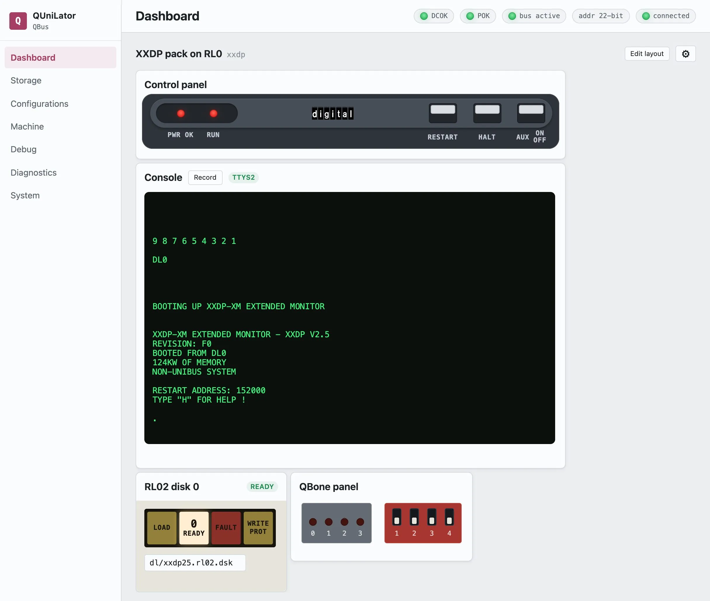 The dashboard, with XXDP booted from an emulated RL02